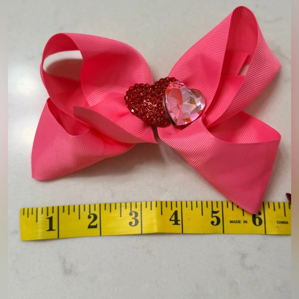 Large Girls Pink Valentine Heart Bow w Double Heart Crystal Brooch Center. NEW